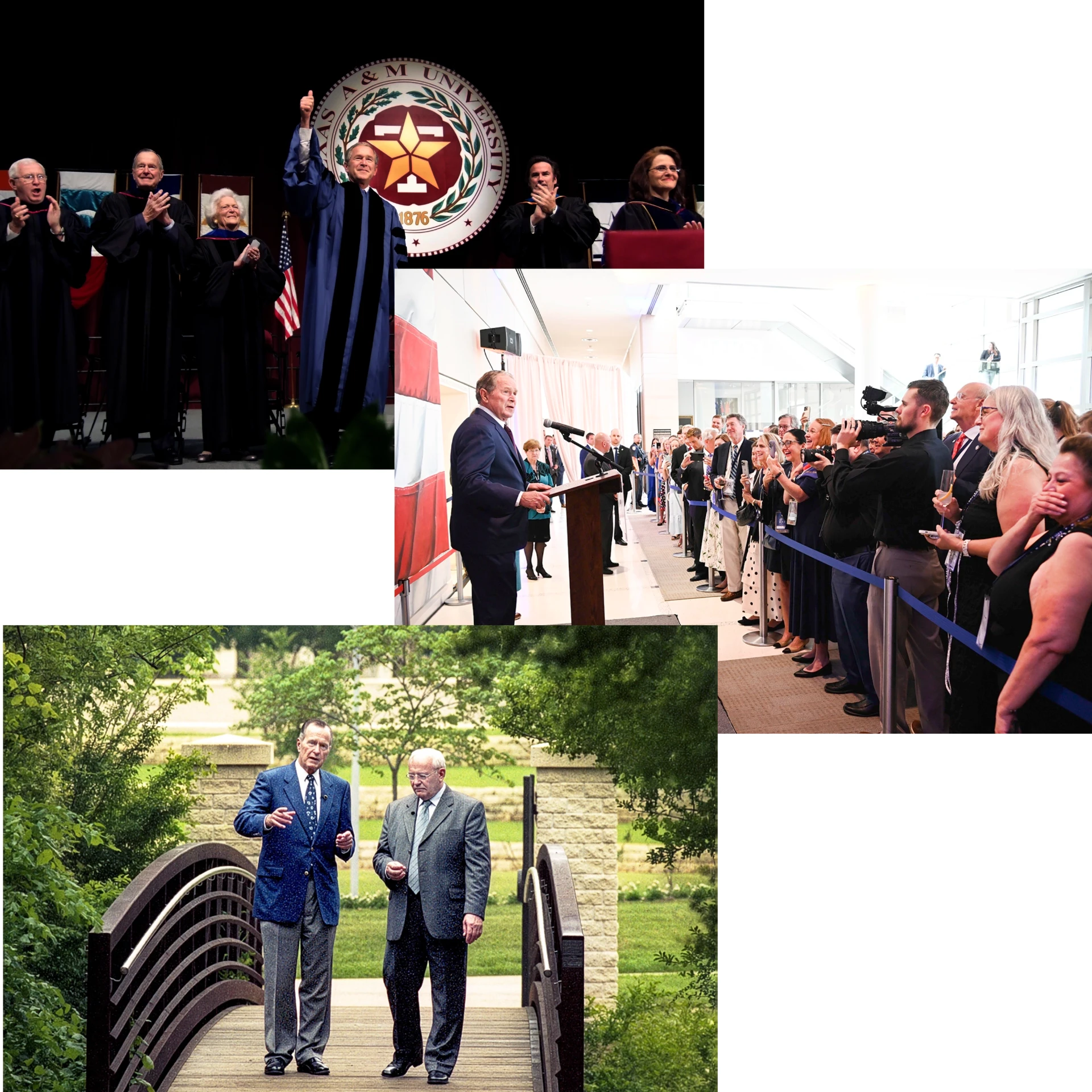 3 picture collage - a group in academic regalia, a man speaking at a podium, and two men walking outdoors